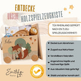 Personalisierte Spielzeugkiste aus Holz mit Namen – Fuchs im Wald
