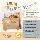Personalisierte Spielzeugkiste aus Holz mit Namen – Bär Rosa mit Krone & Luftballon