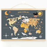 Weltkarte für Kinder – Tieren & Kontinenten (50x70 cm) Blau