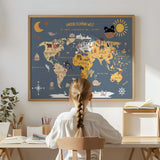 Weltkarte für Kinder – Tieren & Kontinenten (50x70 cm) Blau