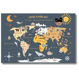 Weltkarte für Kinder – Tieren & Kontinenten (50x70 cm) Blau