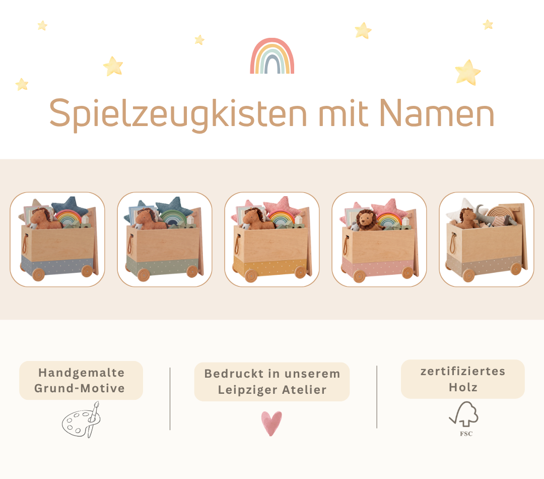 Spielzeugkisten mit Namen in fünf Farben, bedruckt im Leipziger Atelier, aus FSC-zertifiziertem Holz