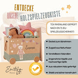 Personalisierte Spielzeugkiste aus Holz mit Namen – Hase & Luftballon