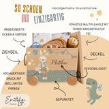 Personalisierte Spielzeugkiste aus Holz mit Namen – Hase & Luftballon