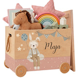 Personalisierte Spielzeugkiste aus Holz mit Namen – Hase & Luftballon