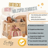 Personalisierte Spielzeugkiste aus Holz mit Namen – Einhorn & Reiterin