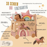 Personalisierte Spielzeugkiste aus Holz mit Namen – Einhorn & Reiterin