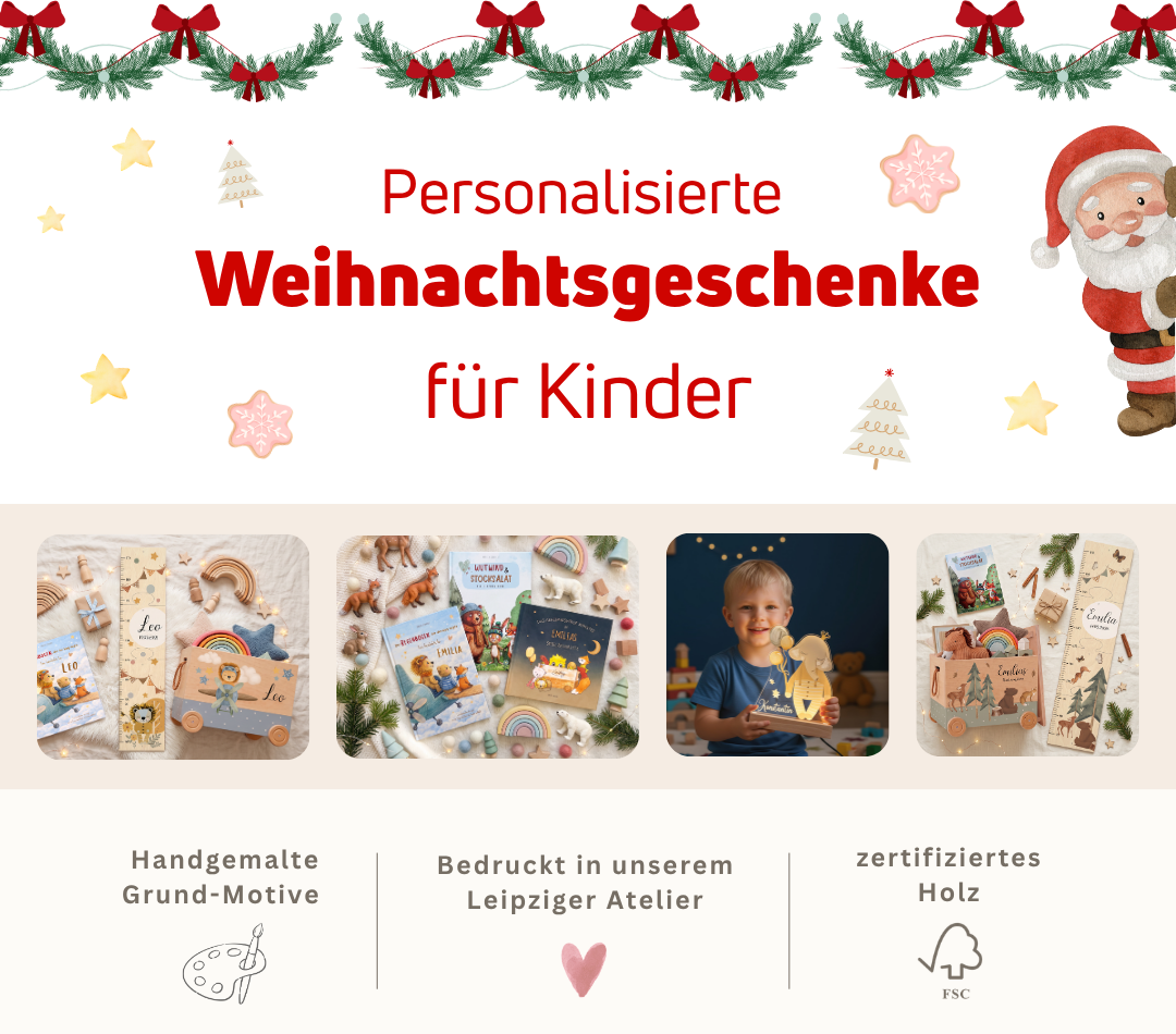 Personalisierte Weihnachtsgeschenke für Kinder: Holzspielzeug mit Namen, Kinderbuch, Nachtlicht und Messlatte, handbemalt im Leipziger Atelier